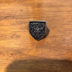 Stainless Steel Cross Black Diamond Shield Ring-Excellent Condition